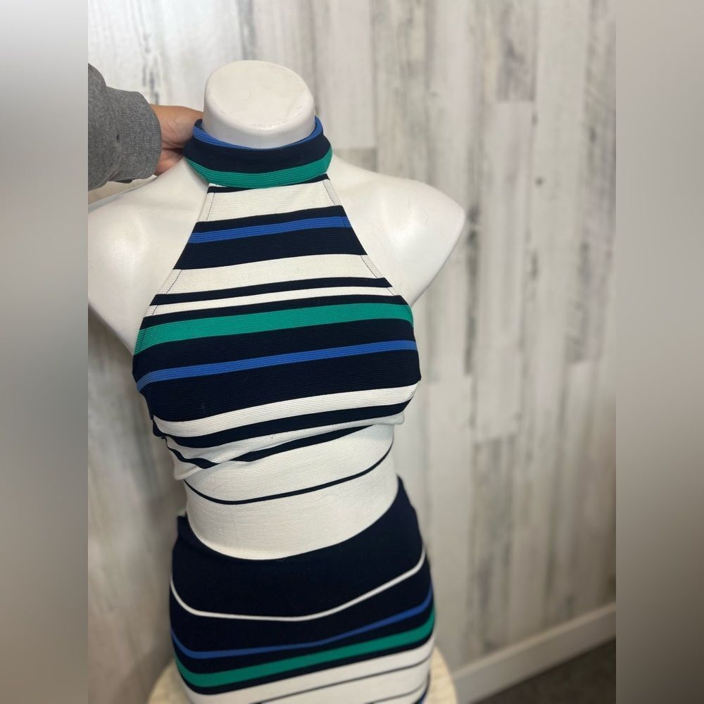 Striped Halter Bodycon Mini Dress Size Small Navy Blue White Teal Open Back - Picture 2 of 7